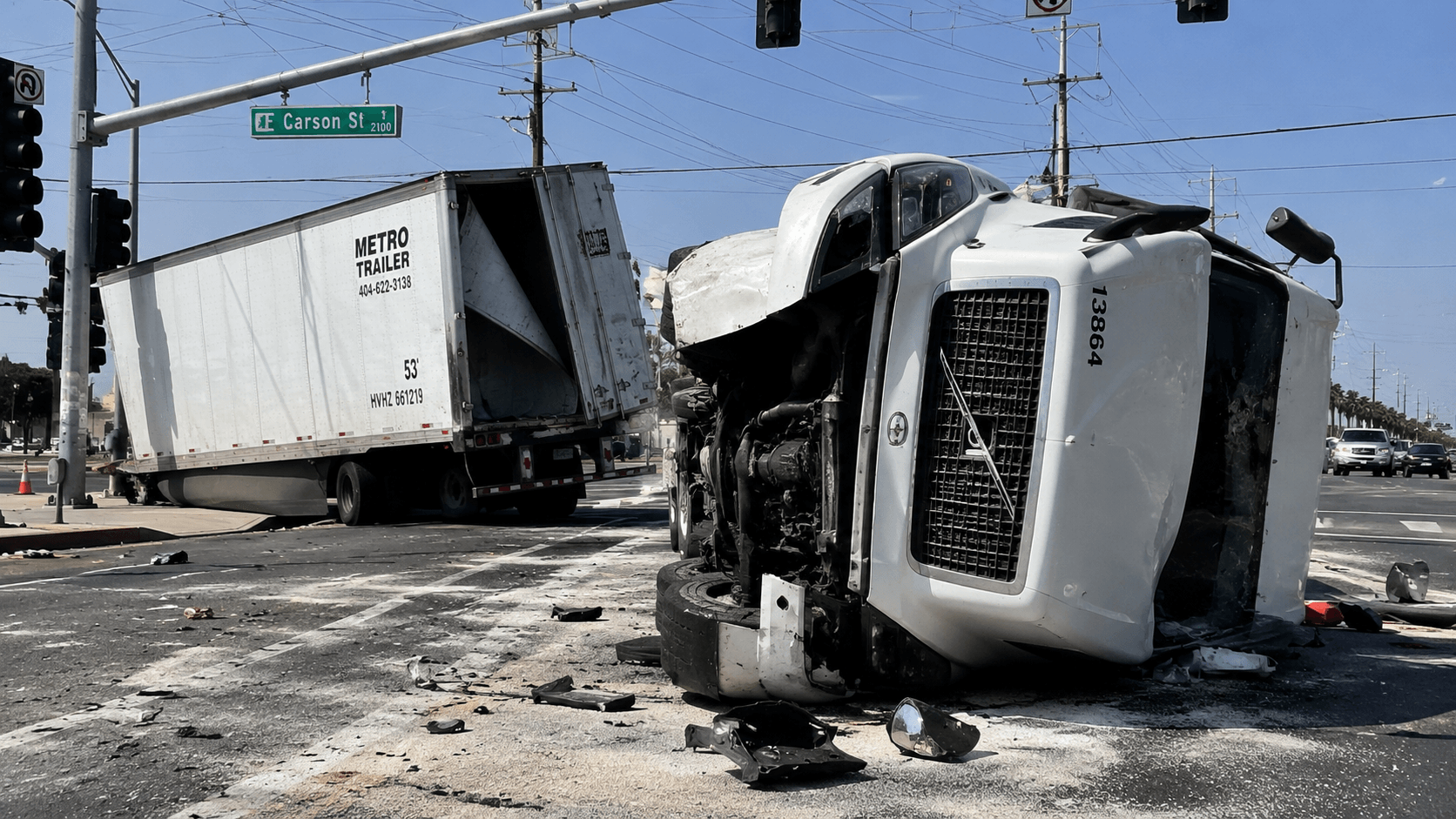 Truck Accident Lawyer in Carson case involving an overturned semi-truck and damaged trailer at a California intersection.