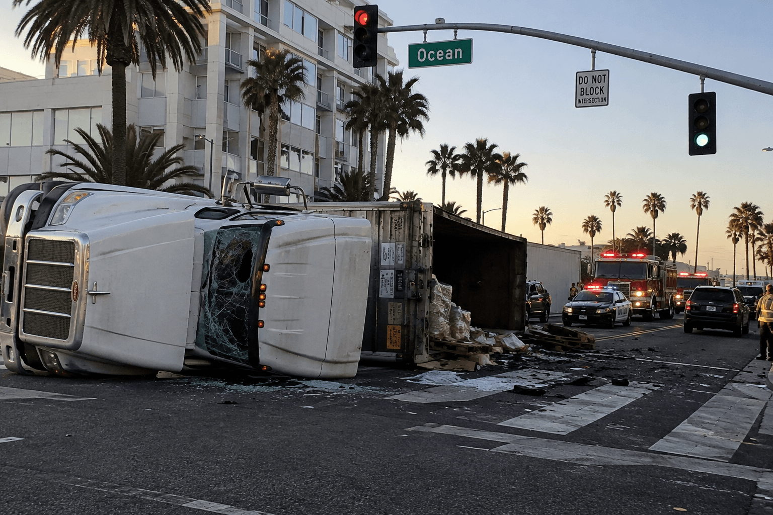 Truck Accident Lawyer in Santa Monica case involving an overturned semi-truck with emergency responders at a California intersection.