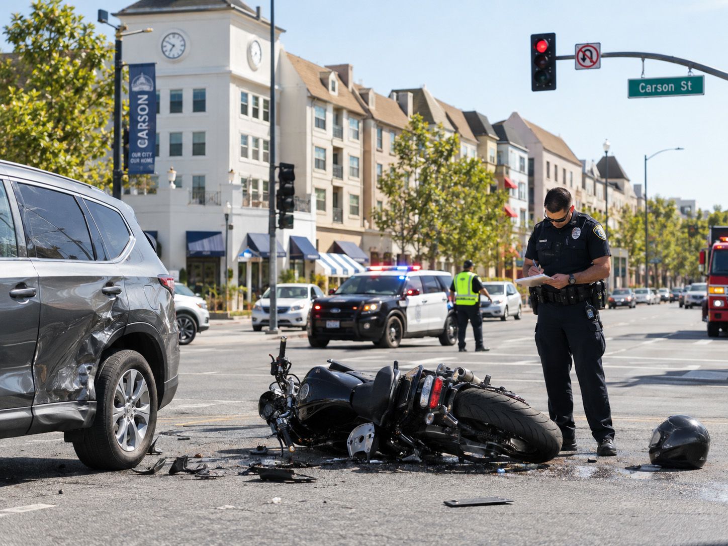 Motorcycle Accident Lawyer in Carson helping victims after a motorcycle crash involving an SUV at a Carson, California intersection.