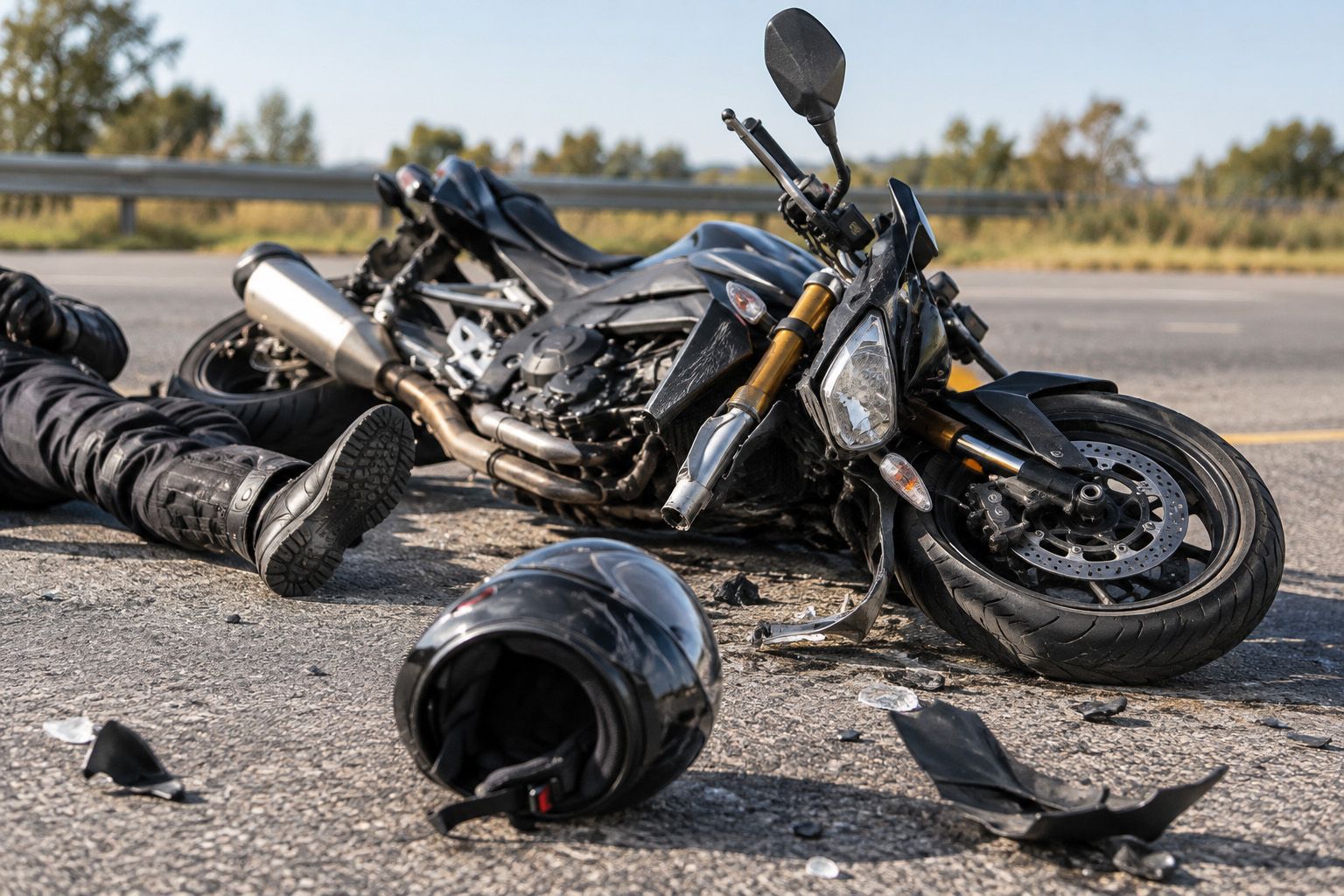 Motorcycle Accident Lawyer in Santa Monica assisting after a serious motorcycle crash involving a damaged bike and rider on a roadway.