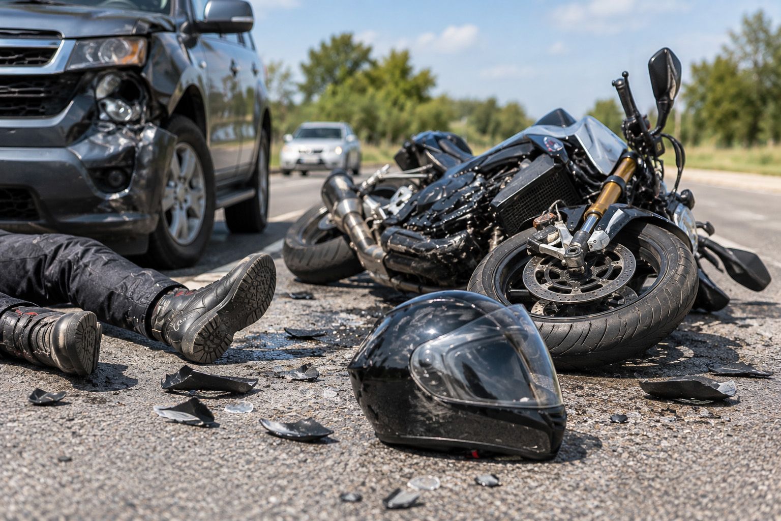 Motorcycle Accident Lawyer in Tehachapi helping victims after a serious motorcycle crash involving an SUV on a roadway.