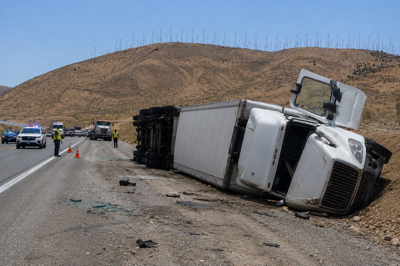 Truck accident in Tehachapi, California involving an overturned semi-truck on a highway near the Tehachapi hills and wind turbines.