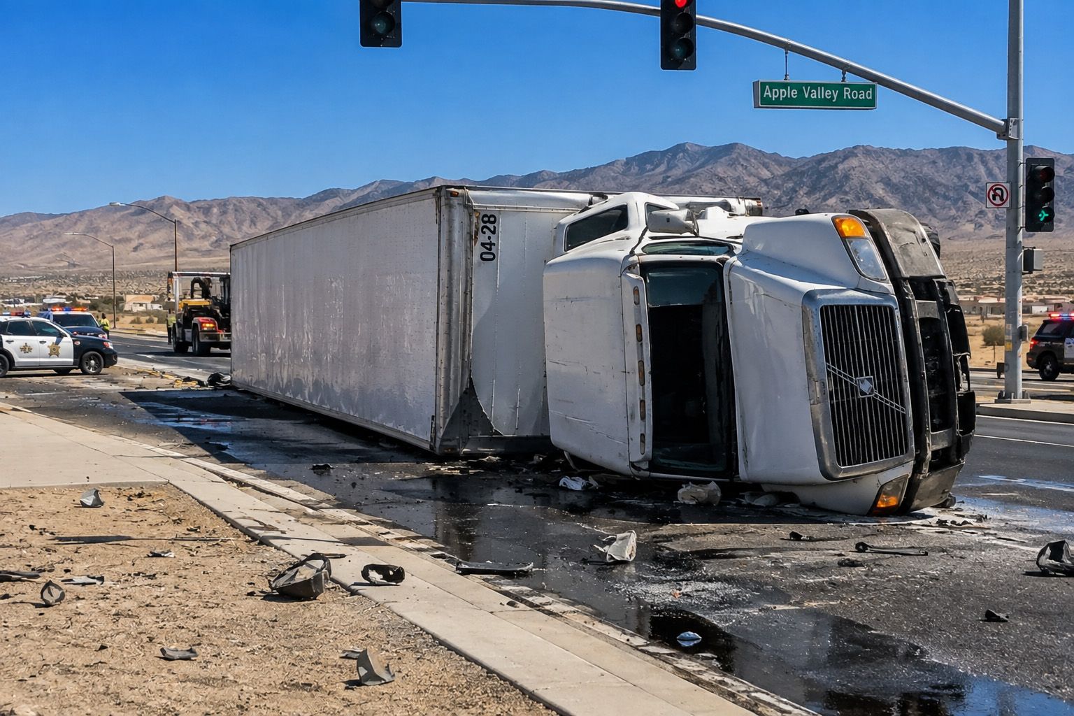 Truck Accident Lawyer in Apple Valley case involving an overturned semi-truck at a desert intersection in California.